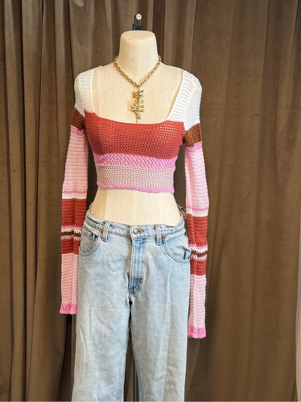 Altar'd State Pink, Rust & White Striped Crochet Crop Top